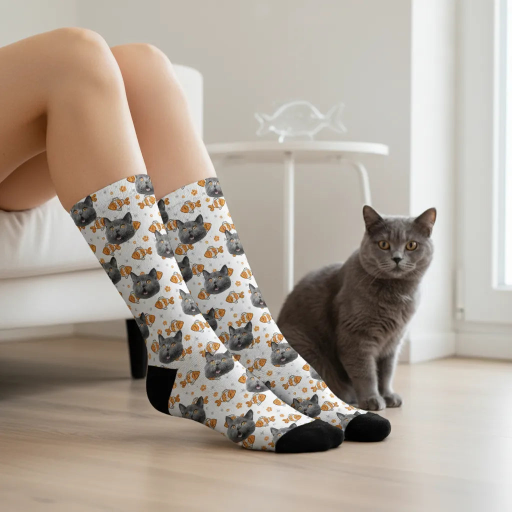 Skarpetki z Twarzą Kota i Złotymi Rybkami