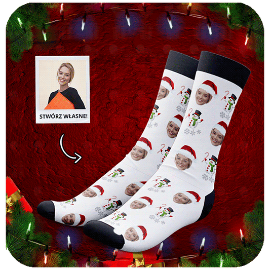 Skarpetki z Twoim Zdjęciem Bałwan - Świąteczne Śmieszne Skarpetki Personalizowane na Prezent