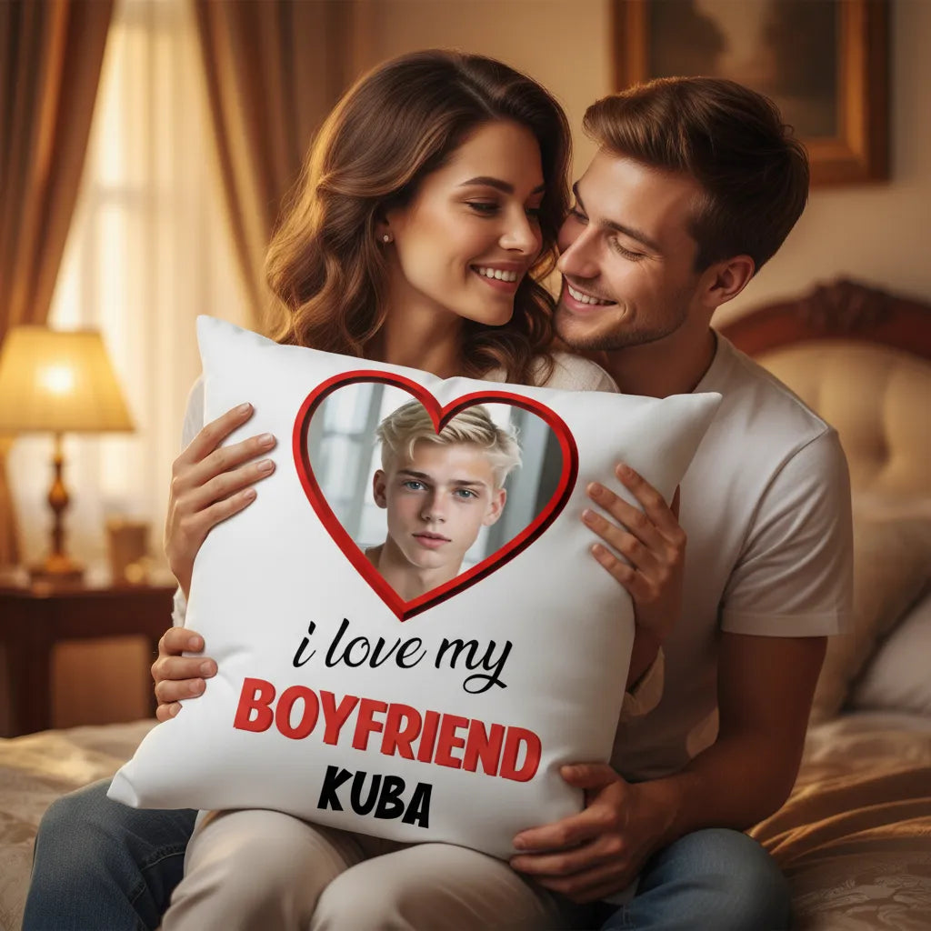 Poduszka I Love My Boyfriend z imieniem i zdjęciem