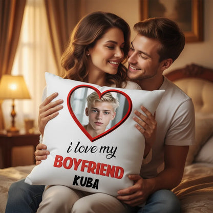 Poduszka I Love My Boyfriend z imieniem i zdjęciem