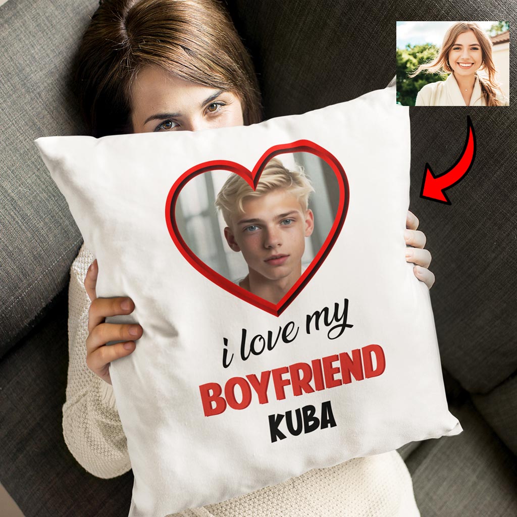 Poduszka I Love My Boyfriend z imieniem i zdjęciem