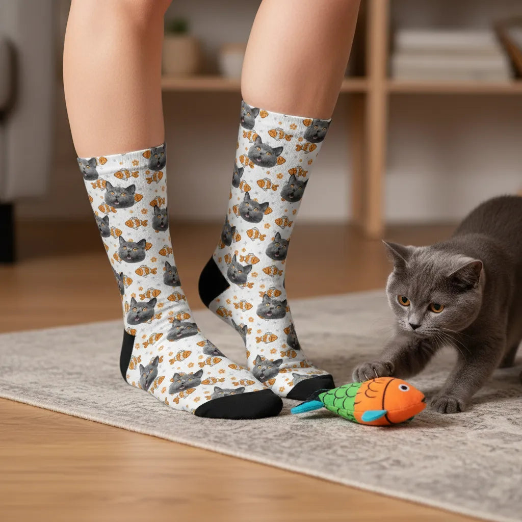 Skarpetki z Twarzą Kota i Złotymi Rybkami