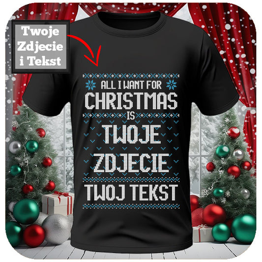 Świąteczna koszulka z napisem i zdjęciem