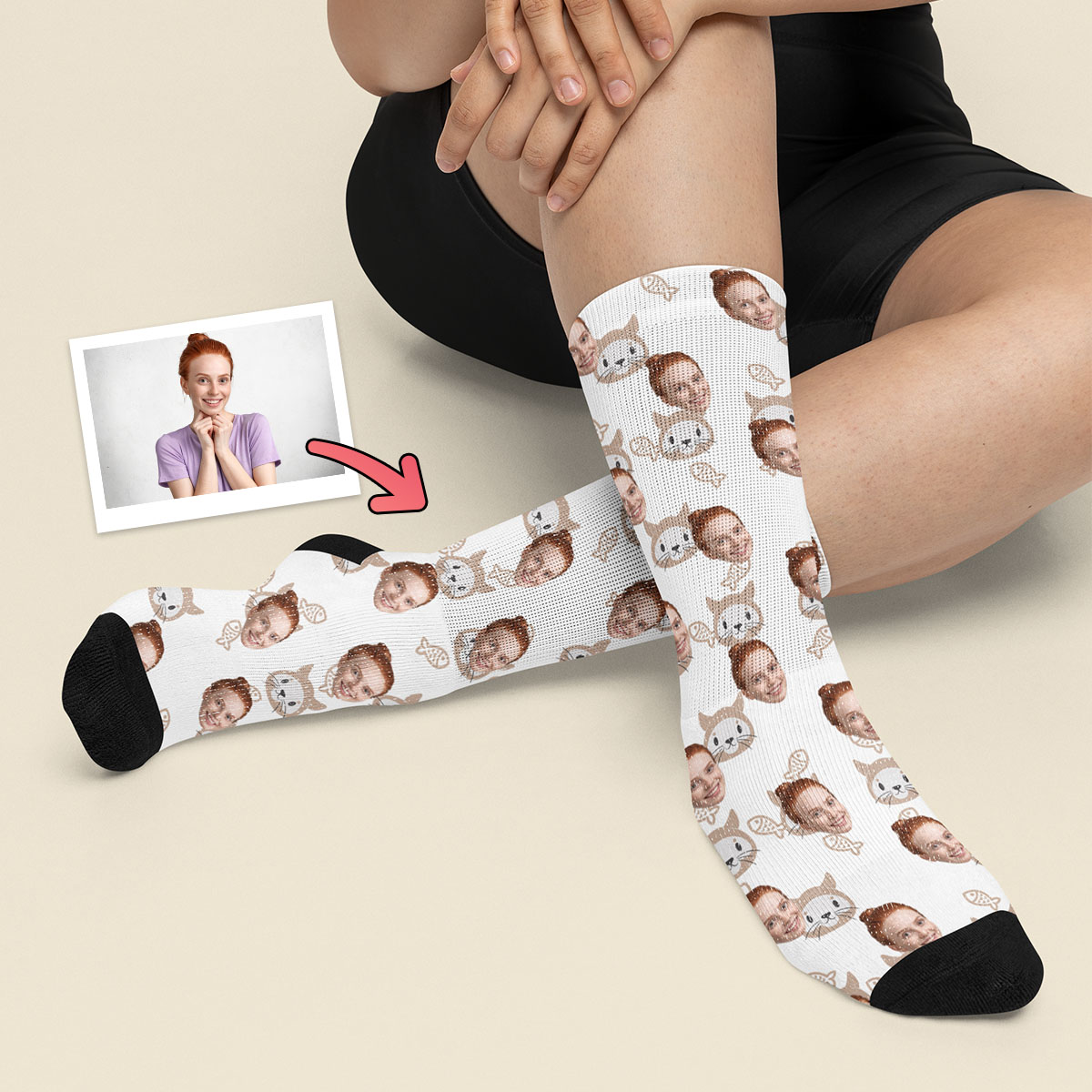 Skarpetki z własnym zdjęciem i kotem - wzór rybki